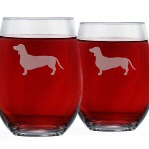 NIB Set of 2 Greenline Dachshund Stemless Wine Glasses Etched Dog New in Box